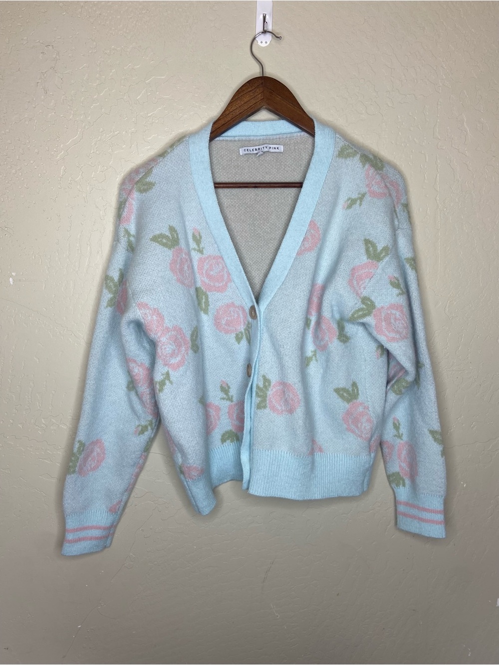 Celebrity Pink Light Blue Rose Print Cardigan
